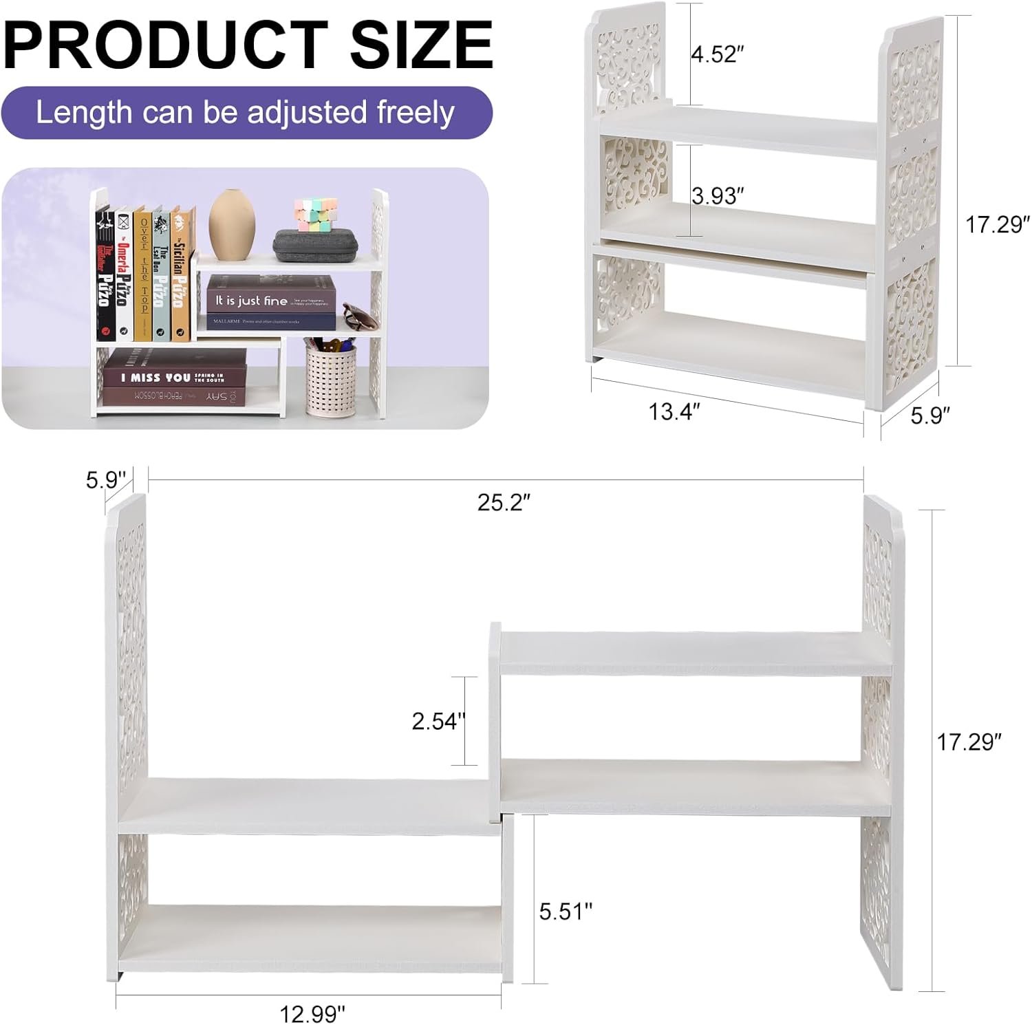 Desk Organizer Shelf, Expandable Bookshelf for Desk, Small Desktop Bookshelf, Mini Cute White Adjustable Office Desk Shelves - Image 2