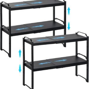 4 Pack Kitchen Cabinet Shelves Organizers, Kitchen Counter Storage Shelf Spice Rack, Expandable Length, Adjustable Height, Stackable, Sturdy 30LBS Bearing, Small Cupboard Tabletop Organizer Shelf Rack