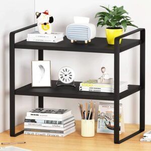 Desktop Organizer Shelf Office Storage Rack Computer Desk Bookshelf Adjustable Display Shelf for Office Supplies (Black)