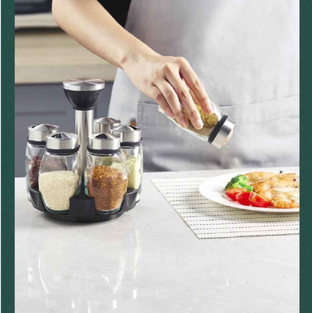 Rotating Spice Rack with 6 pcs Jars Set, Revolving Spice Organizer, Glass Seasoning Jar Household Multi-Functional Rotating Storage box - Image 2