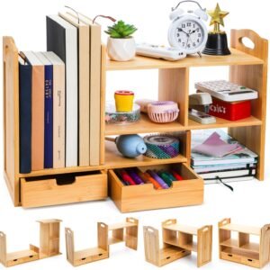 Bamboo Desktop Bookshelf, Expandable Counter Bookcase, Storage Shelves Rack Organizer with Anti-Slip Pads, Cute Small Desk Display Cubby Top for Office Supplies, No Assembly Needed