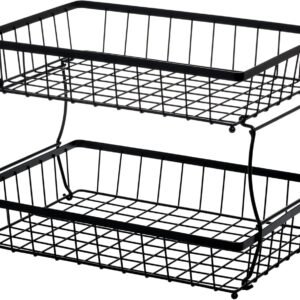 2 Tier Steel Basket, Standing Storage Rack Ideas for Fruits, Vegetables, Bread, etc. (14-inch)