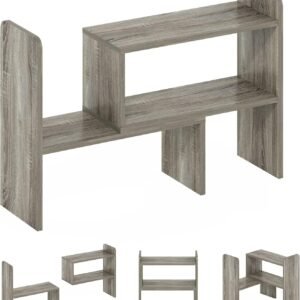 Classic Desktop Organizer Storage Rack Adjustable Free Style Rotation Display Bookshelf, French Oak 6.7D x 23.7W x 15.67H in