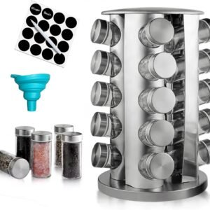 Revolving Spice Rack with 20 Jars, Rotating Spice Rack Organizer with Labels, Polished Stainless Steel with Black Caps, Stainless Steel Spice Carousel for Kitchen Countertop, Cabinet