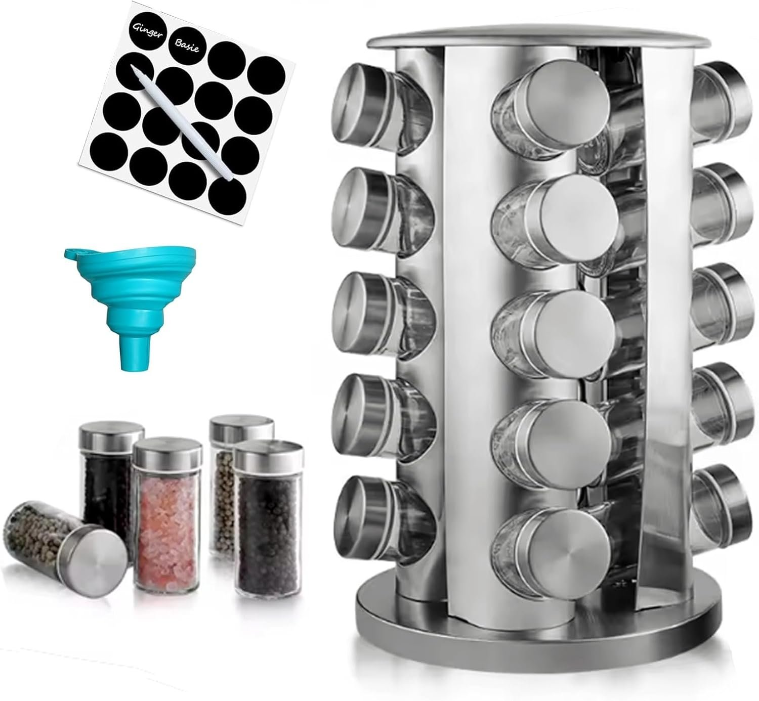 Revolving Spice Rack with 20 Jars, Rotating Spice Rack Organizer with Labels, Polished Stainless Steel with Black Caps, Stainless Steel Spice Carousel for Kitchen Countertop, Cabinet