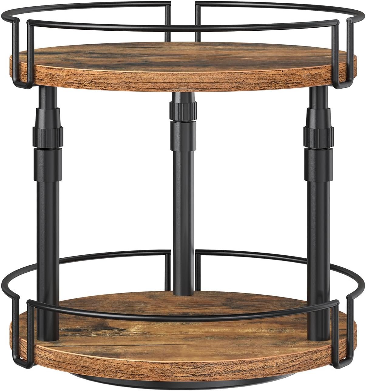 Lazy Susan Organizer Spice Rack, 2-Tier Height Adjustable Rotating Lazy Turntable Spice Organizer, for Kitchen Countertop and Cabinet, Rustic Brown