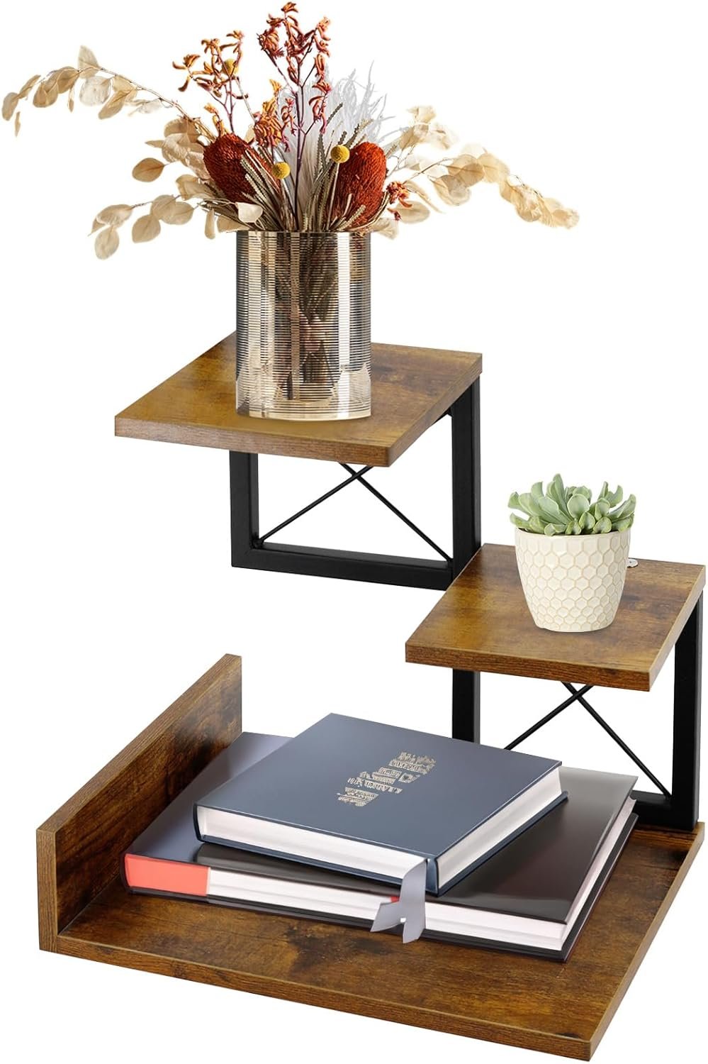 Wood Desktop Shelf, Desktop Organizer Office Storage Rack Adjustable Wood Display Shelf 3 Tier Storage Display Rack Office Decor Stand Shelves with Metal Frame (Brown)