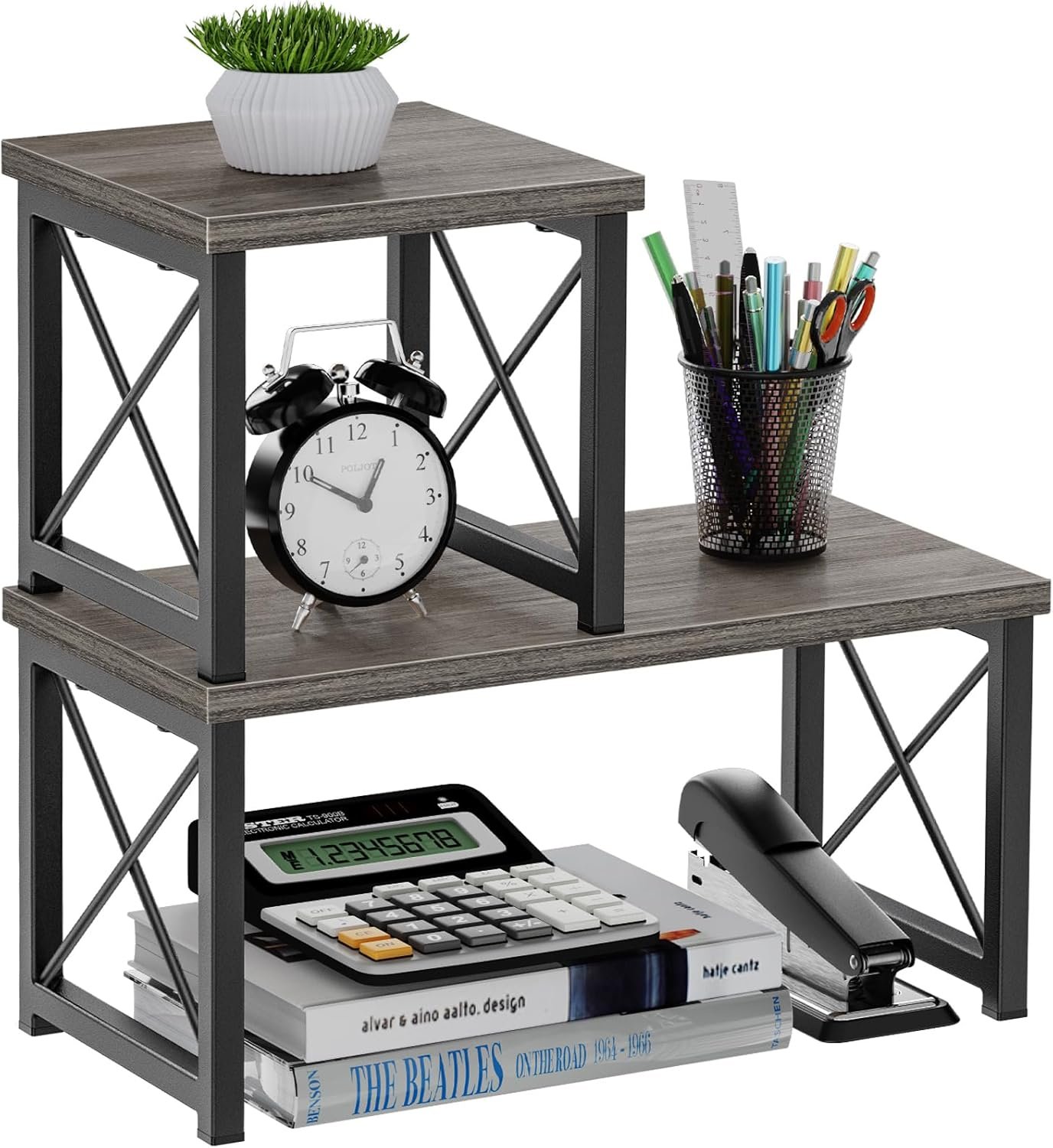 Wood Desktop Shelf, Office Desktop Storage Rack Wood Display Shelf, 2 Tier Adjustable Stackable Office Supplies Desk Organizer, Freestanding Small Bookshelf Desktop Organizer, Grey