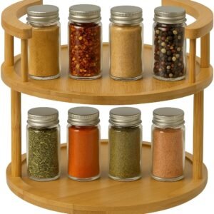 Wooden Rotating Spice Rack - 2 Tier Lazy Susan Turntable Spice Organizer for Countertop & Pantry - Portable & Space-Saving Rotating Storage Rack for Kitchen with 360° Rotating Feature
