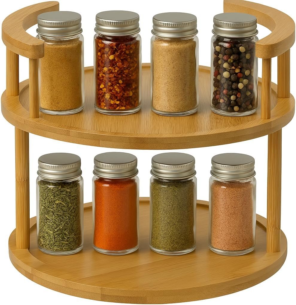 Wooden Rotating Spice Rack - 2 Tier Lazy Susan Turntable Spice Organizer for Countertop & Pantry - Portable & Space-Saving Rotating Storage Rack for Kitchen with 360° Rotating Feature