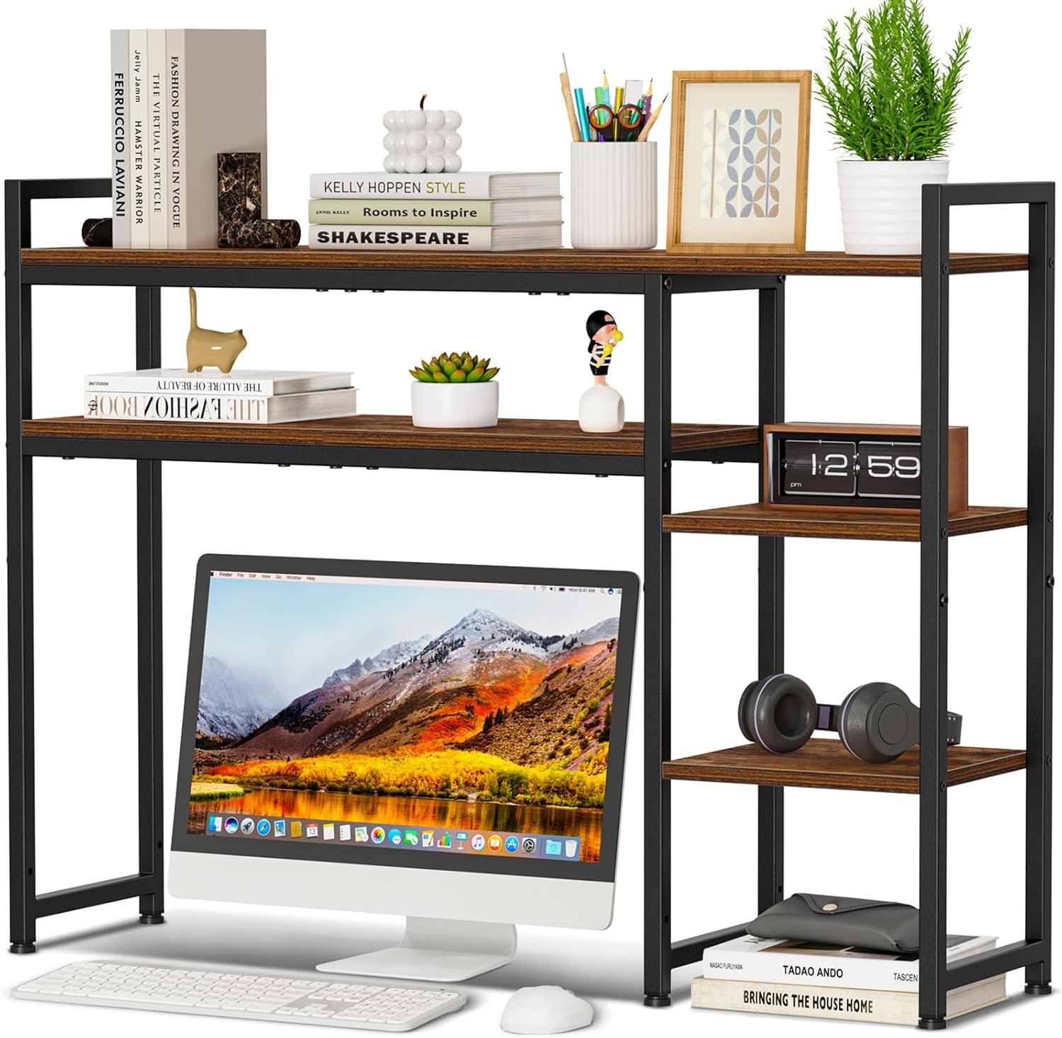 Desk Shelf, 38.6" Adjustable Desktop Organizer Shelf, Desk Hutch for Computer Monitor Stands, 4 Tier Desktop Display Rack, Wood Desktop Bookshelf Storage Rack for Home Office Dorm
