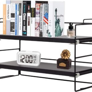 Desk Shelf Organizer, 2 Tier Desktop Shelves, Adjustable Bookshelf Storage Rack and Office Cubicle Decor for Tabletop, School, Office, Dorm Organization (Black)