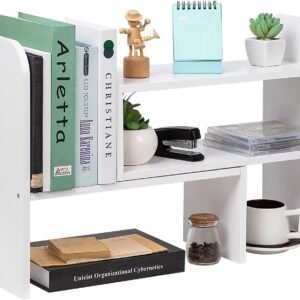 Desktop Adjustable Natural Wood Book Shelf Organizer Office Storage Rack Display Stand Caddy Set Expandable Desk Organizer (White)