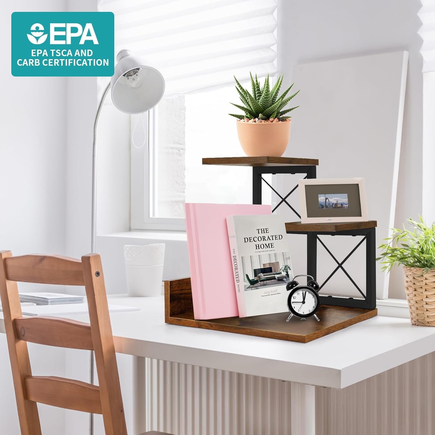 Wood Desktop Shelf, Desktop Organizer Office Storage Rack Adjustable Wood Display Shelf 3 Tier Storage Display Rack Office Decor Stand Shelves with Metal Frame (Brown) - Image 2