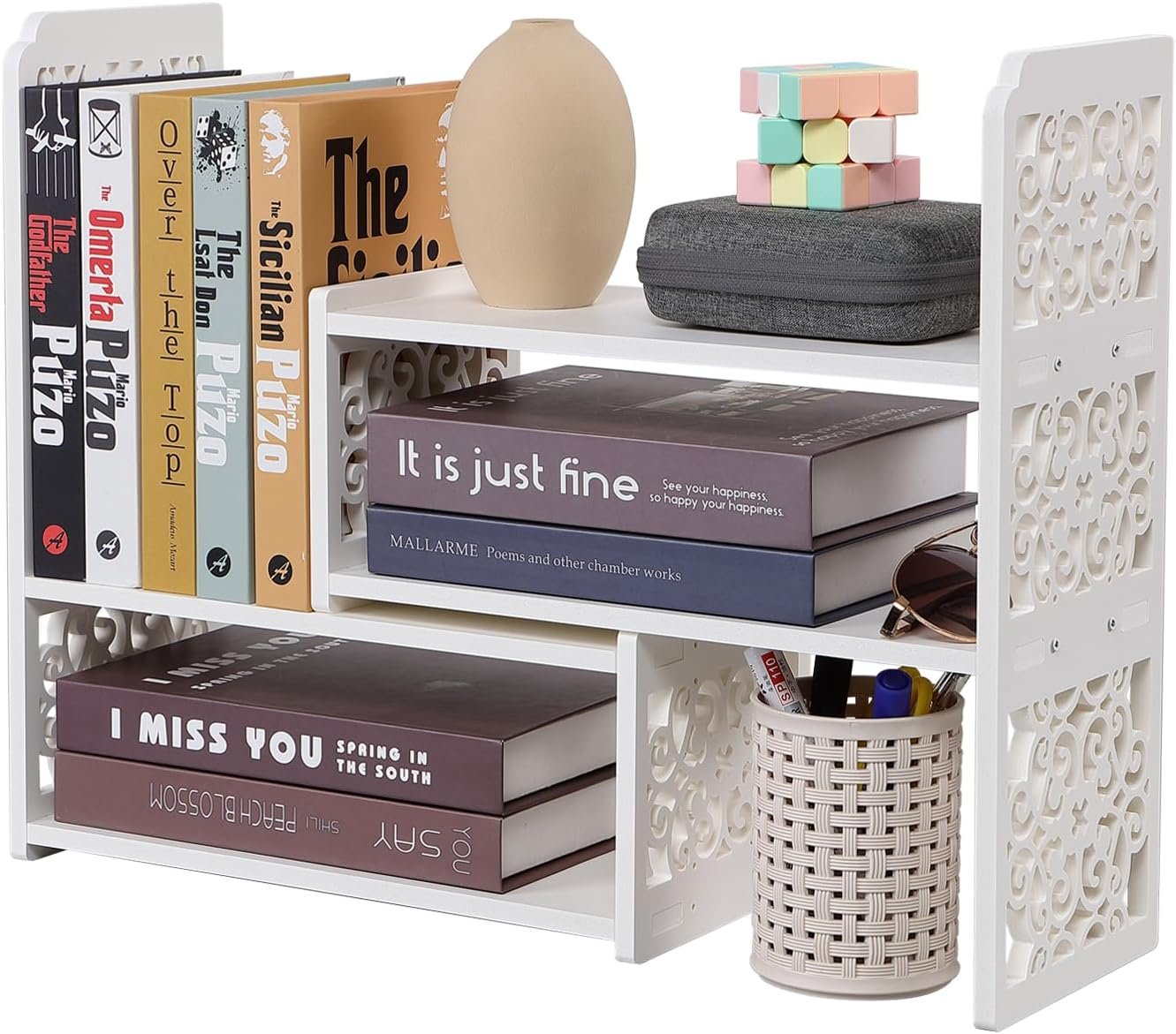 Desk Organizer Shelf, Expandable Bookshelf for Desk, Small Desktop Bookshelf, Mini Cute White Adjustable Office Desk Shelves
