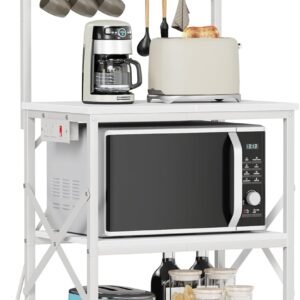Kitchen Bakers Rack with Power Outlet, Microwave Oven Stand with Storage 4 Tiers, Coffee Bar Table with 6 S Hooks, Kitchen Storage Shelf Rack for Spices, Pots, White