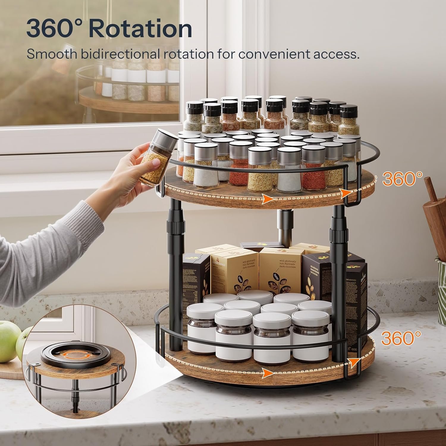 Lazy Susan Organizer Spice Rack, 2-Tier Height Adjustable Rotating Lazy Turntable Spice Organizer, for Kitchen Countertop and Cabinet, Rustic Brown - Image 2