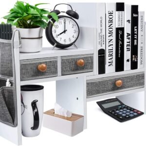 Expandable Wood Desktop Organizer Shelf - Counter Bookcase Adjustable with Drawers Office Organization Shelves Rack for Top of Desk Small Hutch Decorations, White