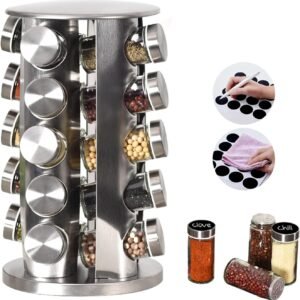 20-Jar Stainless Steel Rotating Spice Rack with Non-Slip Base - Kitchen Countertop Organizer for Easy Access and Storage of Spice (Sliver)