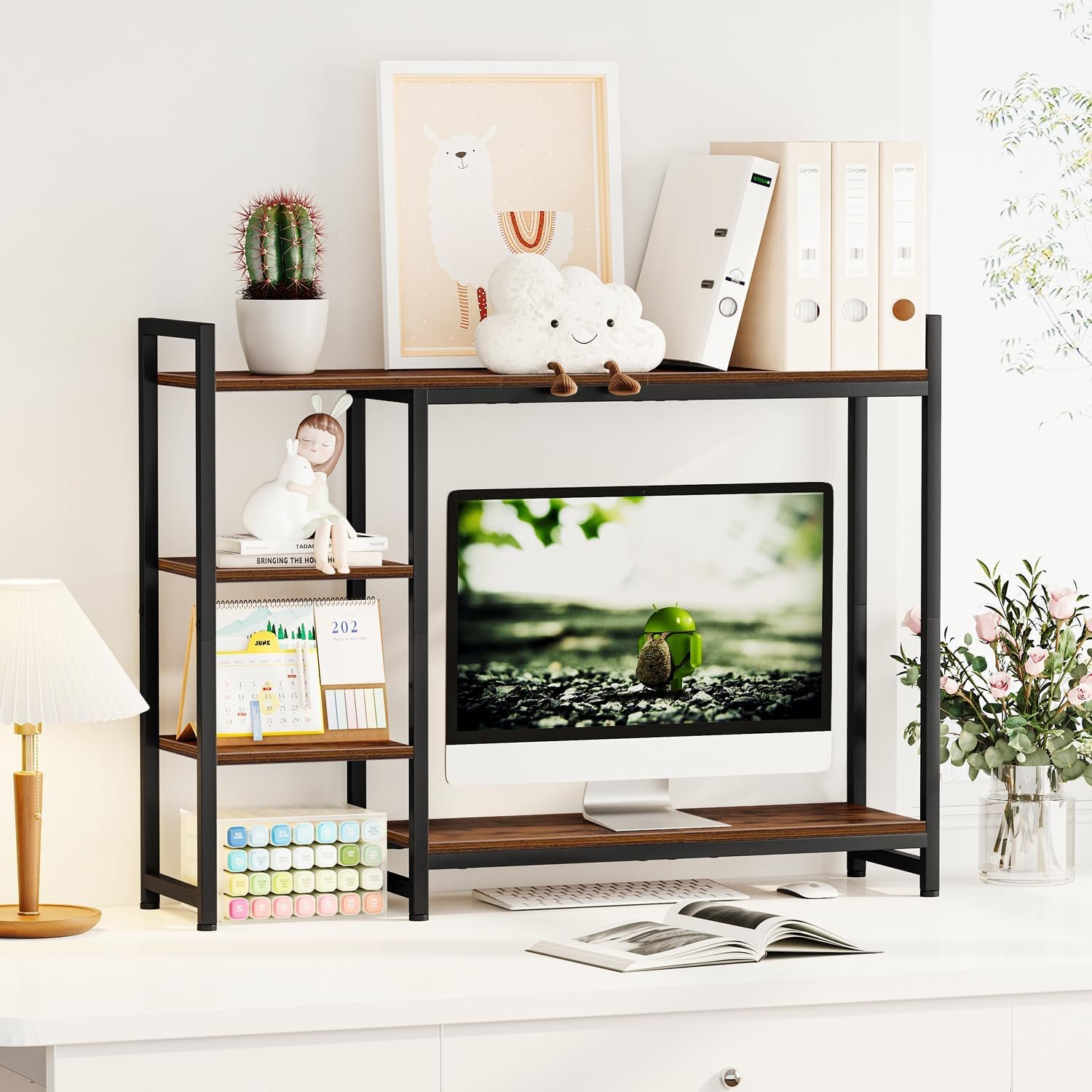 Desk Shelf, 38.6" Adjustable Desktop Organizer Shelf, Desk Hutch for Computer Monitor Stands, 4 Tier Desktop Display Rack, Wood Desktop Bookshelf Storage Rack for Home Office Dorm - Image 2