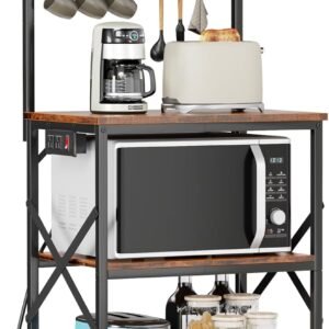 Kitchen Bakers Rack with Power Outlet, Microwave Oven Stand with Storage 4 Tiers, Coffee Bar Table with 6 S Hooks, Kitchen Storage Shelf Rack for Spices, Pots, Rustic Brown