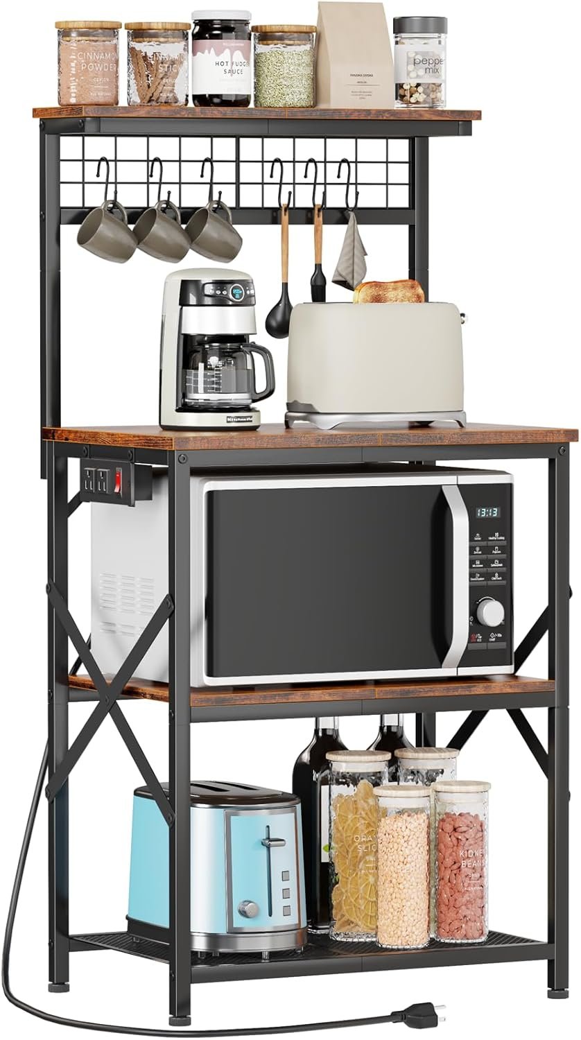 Kitchen Bakers Rack with Power Outlet, Microwave Oven Stand with Storage 4 Tiers, Coffee Bar Table with 6 S Hooks, Kitchen Storage Shelf Rack for Spices, Pots, Rustic Brown