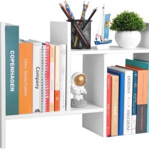 Desktop Shelf Organizer - Adjustable Wood Desktop Bookshelf, Table Top Shelves, Desk Book Organizer for Office Supplies and Home Décor (White)