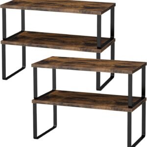 Cabinet Shelf Organizers, 15.7 inches Large Kitchen Counter Shelf, Set of 4 Wood Kitchen Pantry Organizer, Storage Shelves for Countertop, Spice Rack, Stackable, Expandable, Metal Black, Brown