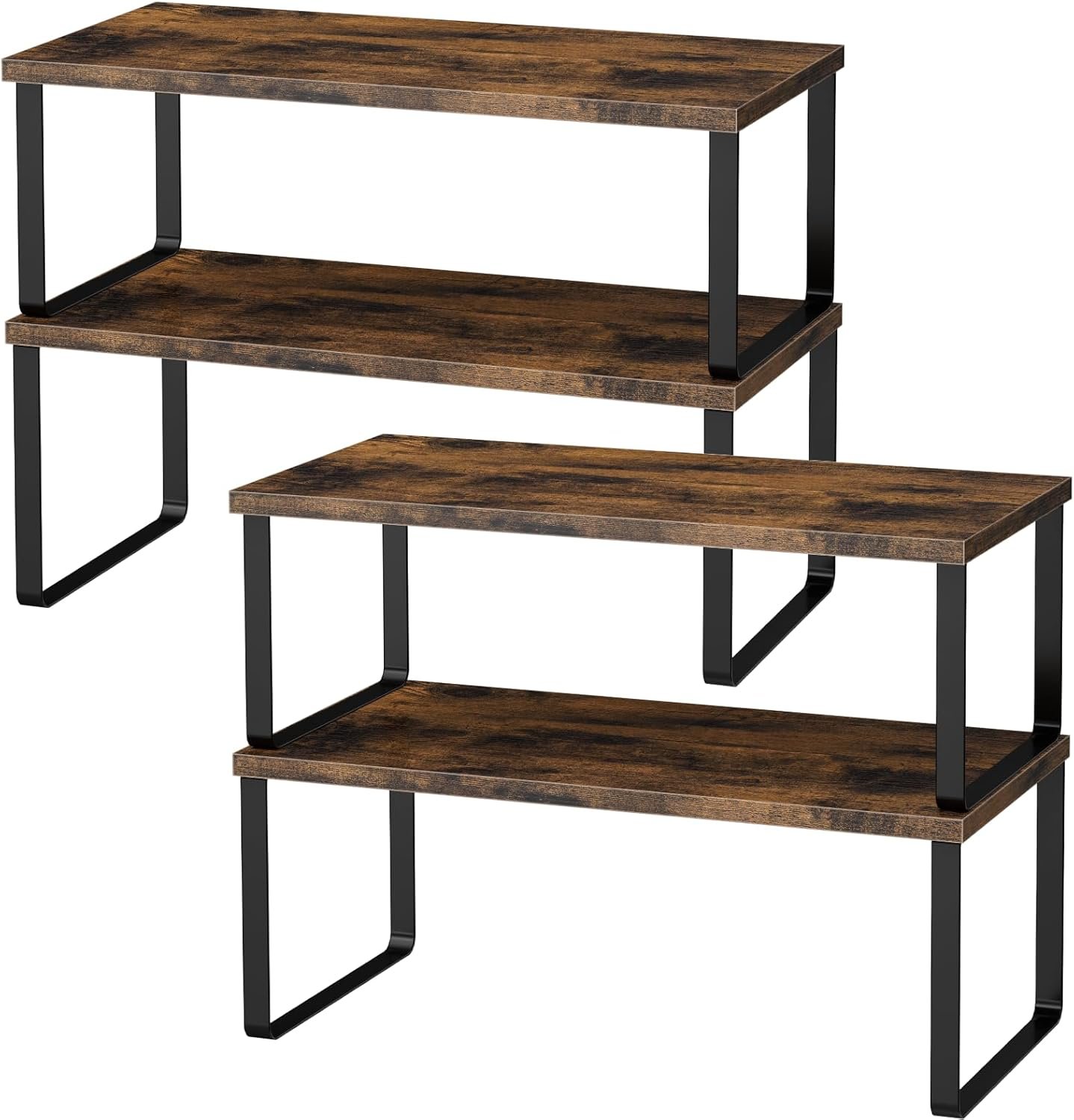 Cabinet Shelf Organizers, 15.7 inches Large Kitchen Counter Shelf, Set of 4 Wood Kitchen Pantry Organizer, Storage Shelves for Countertop, Spice Rack, Stackable, Expandable, Metal Black, Brown