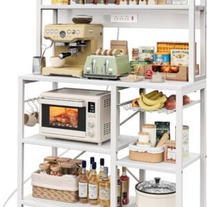 Bakers Rack with Power Outlet, 35.4 Inches Coffee Bar with Wire Basket, Kitchen Microwave Stand with 6 S-Shaped Hooks, Open Storage Shelves, White