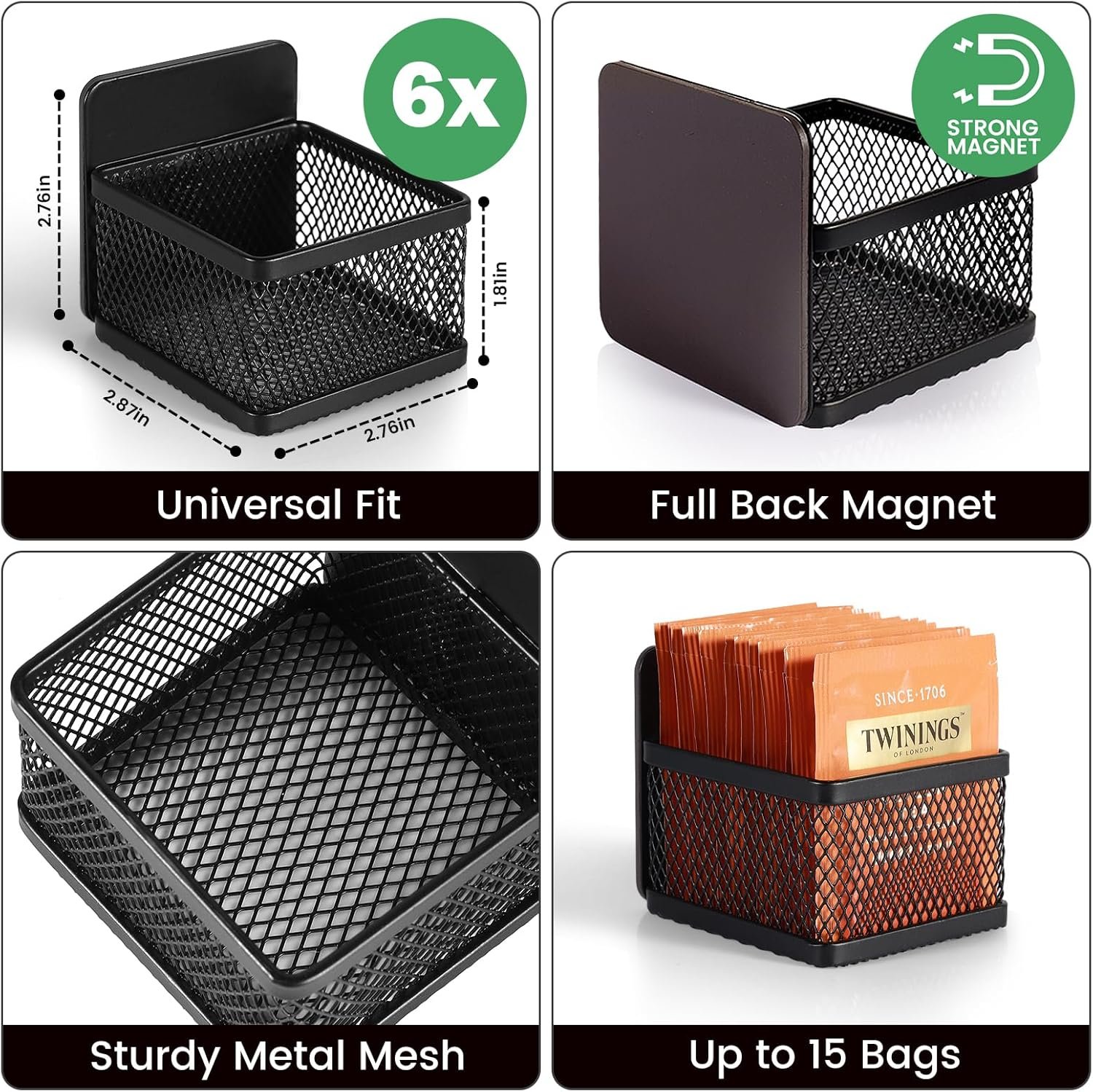 Magnetic Tea Bag Organizer - 6-Piece Metal Tea Organizer for Refrigerator, Kitchen Shelf and Counter, Stylish & Space Saving Tea Organizers and Storage - Image 2