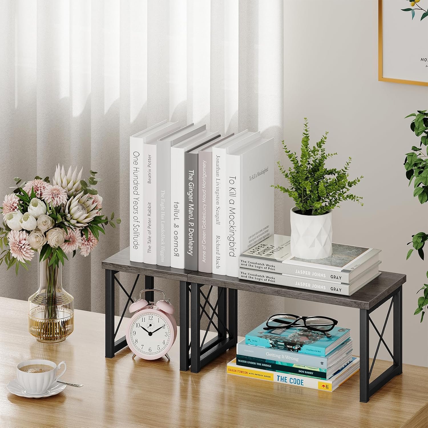 Wood Desktop Shelf, Office Desktop Storage Rack Wood Display Shelf, 2 Tier Adjustable Stackable Office Supplies Desk Organizer, Freestanding Small Bookshelf Desktop Organizer, Grey - Image 2