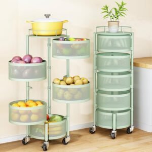 Fruit and Vegetable Basket Bowls for Kitchen with Metal Top Lid, 5 Tier Rotating Storage Rack Cart for Potato Onion Bread Banana, Wire Basket Organizer on Wheels, Large (Green)