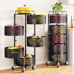 Fruit and Vegetable Basket Bowls for Kitchen with Metal Top Lid, 5 Tier Rotating Storage Rack Cart for Potato Onion Bread Banana, Wire Basket Organizer on Wheels, Large, Black