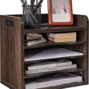 Desktop File Organizer with Handle, Document Letter Mail Tray Sorter with 3 Adjustable Shelves, 5 Tiers Paper Holder for Home Office Desk, Black Gray,13.4 * 12.4 * 9.06"