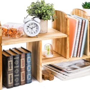 Adjustable Desktop Storage, Wood Display Bookshelf with 7 Compartments, Expandable Desk Shelf Hutch, Office Storage Rack for Desk Table Storage and Organization