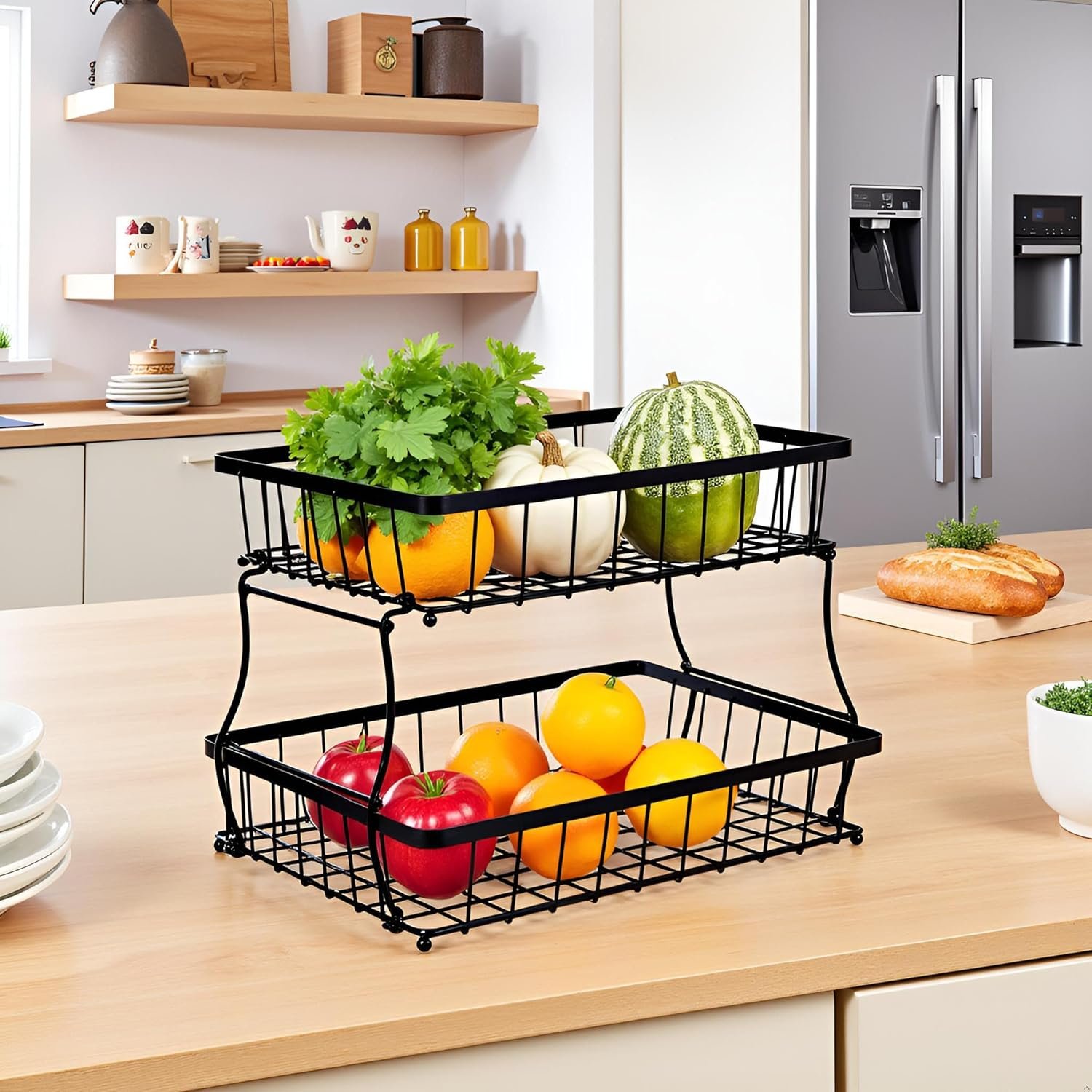 2 Tier Steel Basket, Standing Storage Rack Ideas for Fruits, Vegetables, Bread, etc. (14-inch) - Image 2
