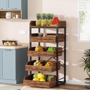 Wood Fruit and Vegetable Storage Rack, 5-Tier Pull-Out Snack Stand Fruit Basket Stand, Utility Shelf Organizer for Kitchen, Living Room, Bedroom, Rustic Brown