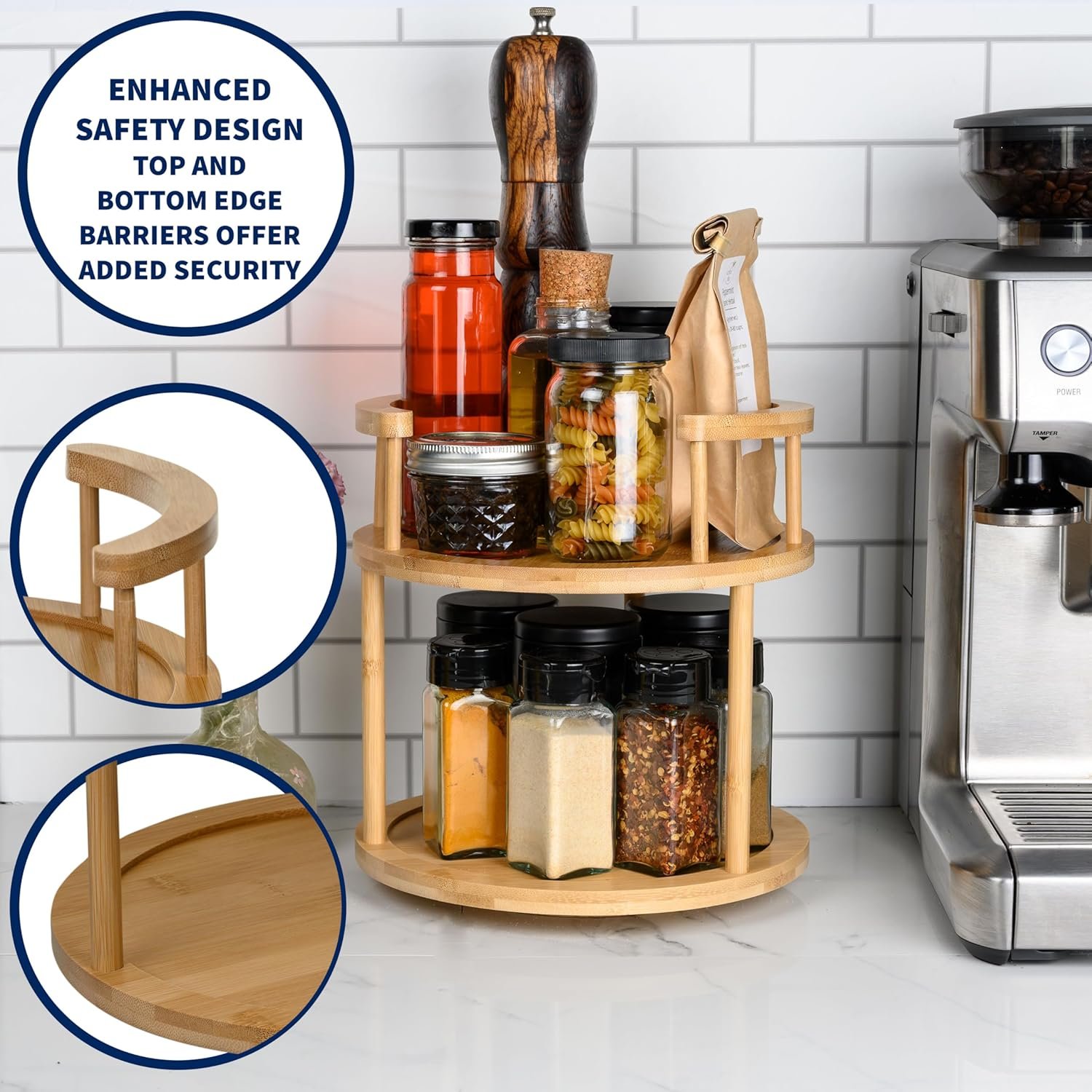 Wooden Rotating Spice Rack - 2 Tier Lazy Susan Turntable Spice Organizer for Countertop & Pantry - Portable & Space-Saving Rotating Storage Rack for Kitchen with 360° Rotating Feature - Image 2