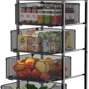 4-Tier Fruit Vegetable Storage Cart - Kitchen Organizer and Storage Cart with Wheels, Wooden Top Metal Wire Fruit Vegetable Rack Stand with Drawers to Storage Cans Snacks for Kit
