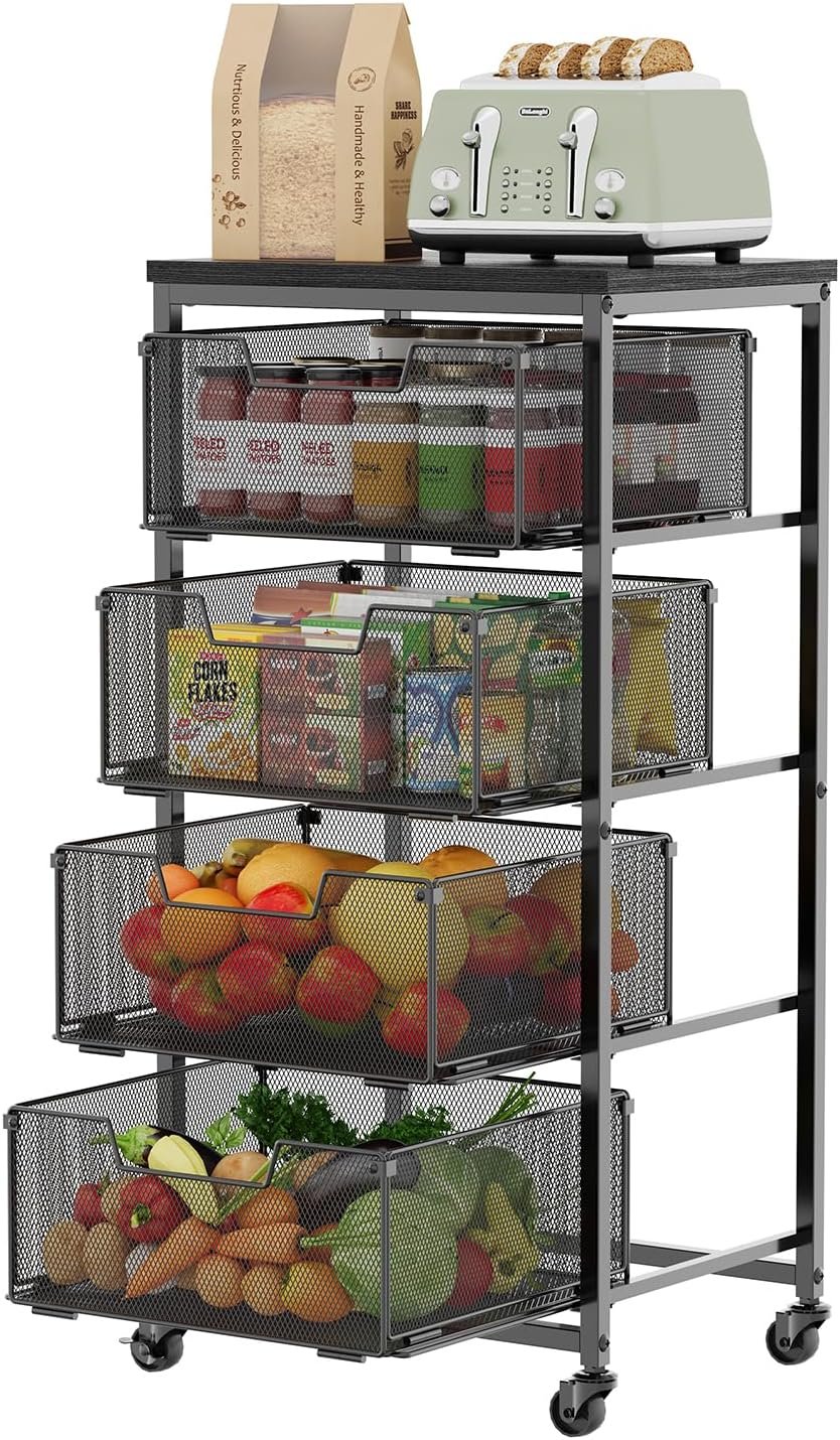4-Tier Fruit Vegetable Storage Cart - Kitchen Organizer and Storage Cart with Wheels, Wooden Top Metal Wire Fruit Vegetable Rack Stand with Drawers to Storage Cans Snacks for Kit