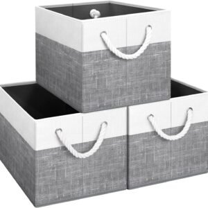Storage Bins [3-Pack], Foldable Storage Baskets for Organizing Toys, Books, Shelves, Closet, Large Storage Box with Rope Handles, Sturdy Organizer Bins, White & Grey