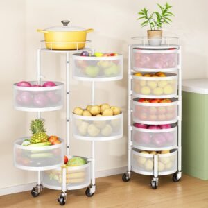 Fruit and Vegetable Basket Bowls for Kitchen with Metal Top Lid, 5 Tier Rotating Storage Rack Cart for Potato Onion Banana, Wire Basket Organizer on Wheels, Large (White)